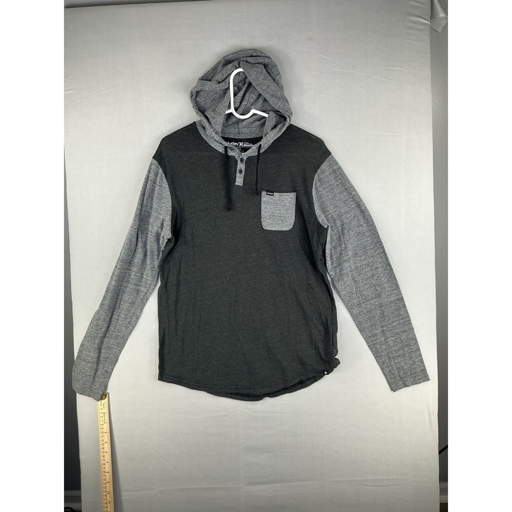 Hurley Hooded Henley Shirt Mens Medium Gray Long Sleeve Pullover Pocket